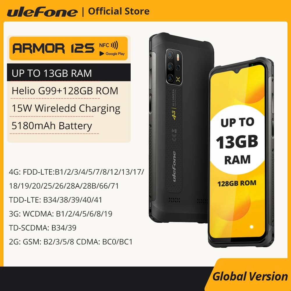 

Ulefone Armor 12S Rugged Smartphone Helio G99 4G Mobile Phones Android 12 NFC 50MP 5180mAh 8GB+128GB Waterproof global version