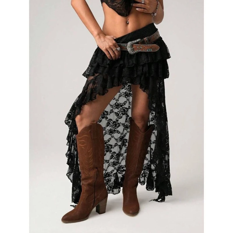 Deeptown Y2K Asymmetrical Boho Lace Tulle Mini Skirt front view