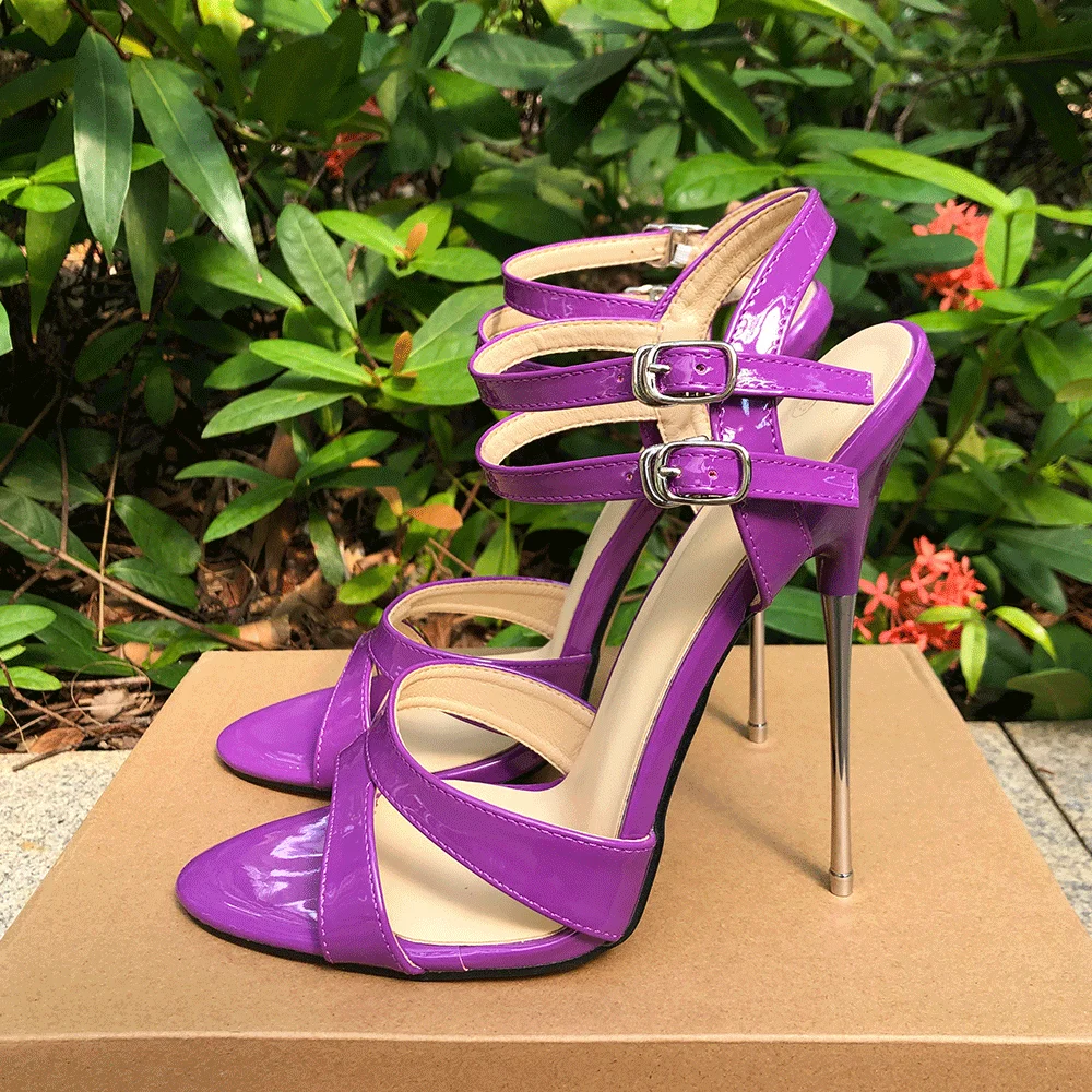 

16cm Extreme Thin High Heel Pumps Women Purple Ankle Strap Stiletto Sandals Fetish Pole Dance Party Cross Dresser Unisex Shoes