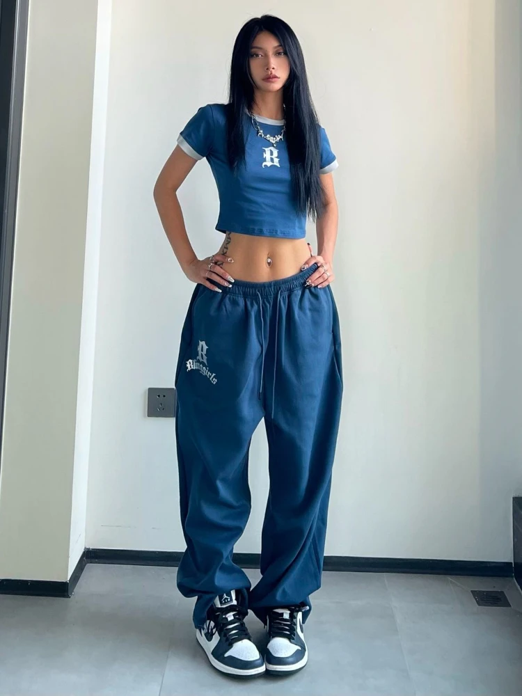 

ADAgirl Retro American Sports Pants for Women Hip Hop Baggy High Waist Wide Leg Trousers Y2k Causal Sweatpants Blue Mujer Jogger