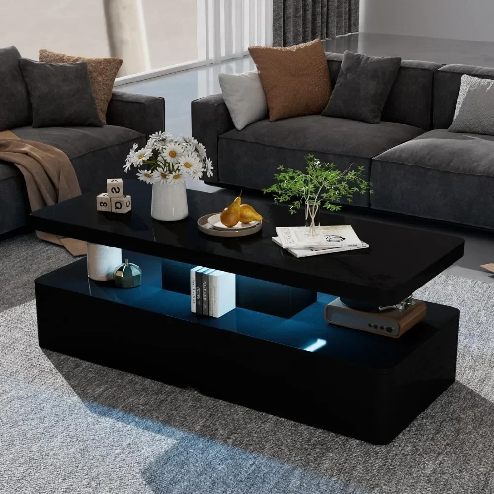 Double-Layer Design for Living Room Green Coffee Table Modern Stylish Coffee Table With 16 Colors LED Lights Black Furniture 6