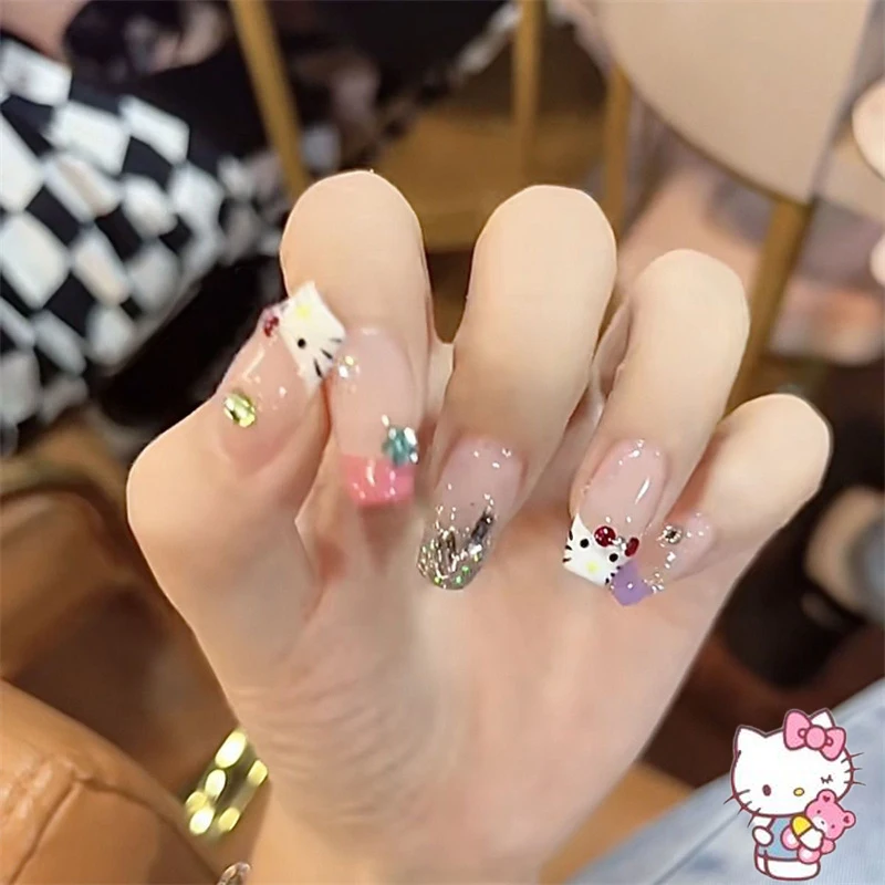 

Sanrio Hello Kitty Pink Long Square Nail Summer Kawaii Fresh Painting Graffiti Nail Art with Design By Professional Manicurist