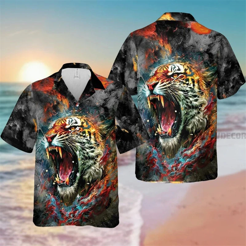 thumbnail image 1 of Camisas con estampado de tigre de Forest Terror para hombres, ropa con estampado 3D de animales, blusas hawaianas con solapa para fiestas, camisas con botones para hombre, 1 of 4