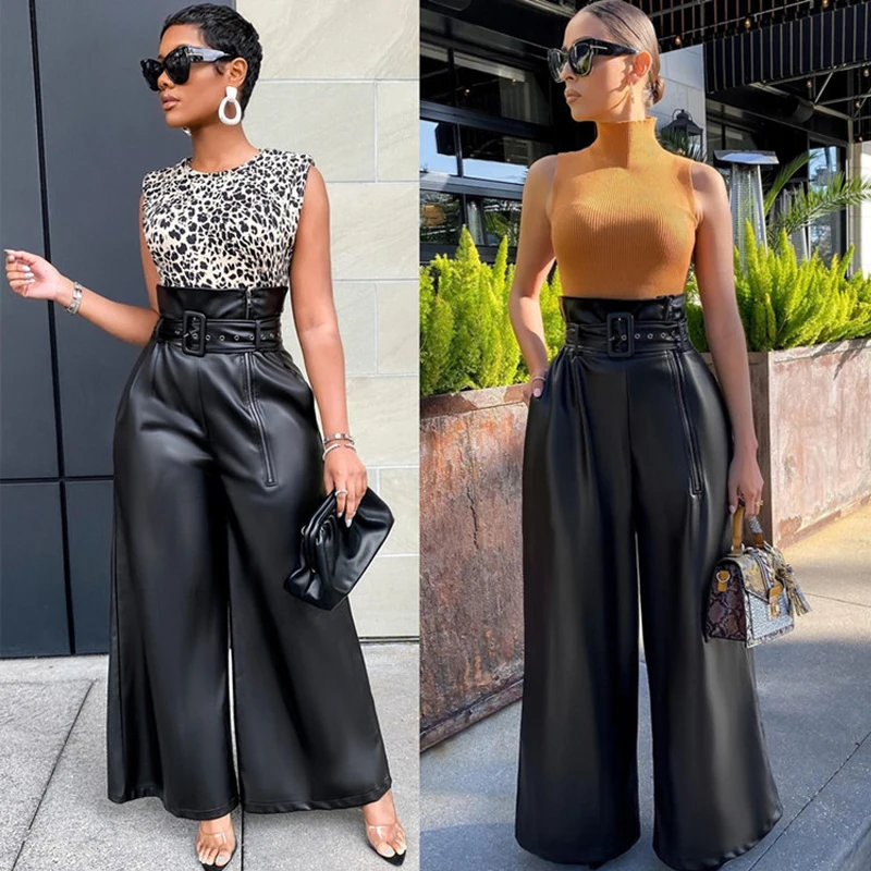 Fashion INS style PU leather pants nightclub metal belt wide leg pants party party high waist pants