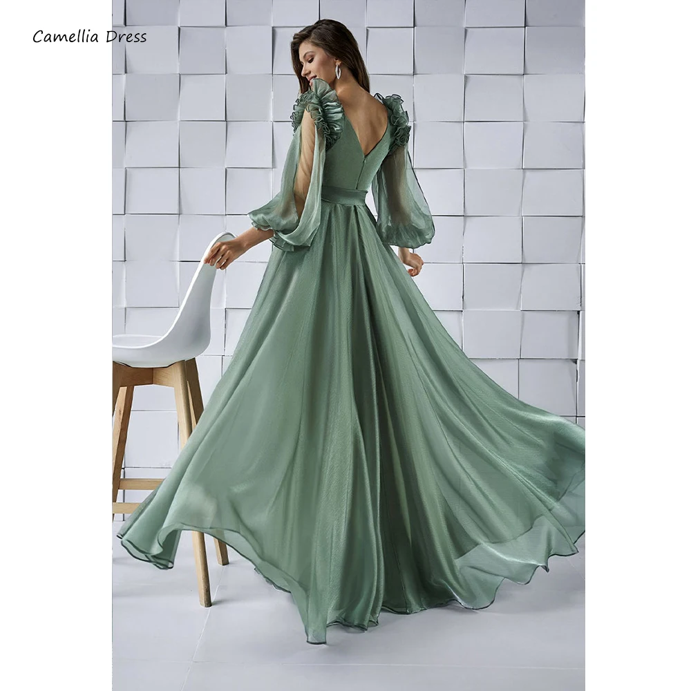 Deep V Neck Party Dresses Long Sleeve Evening Dress A-line Puff Sleeves Dresses For Prom Vestidos De Fiesta