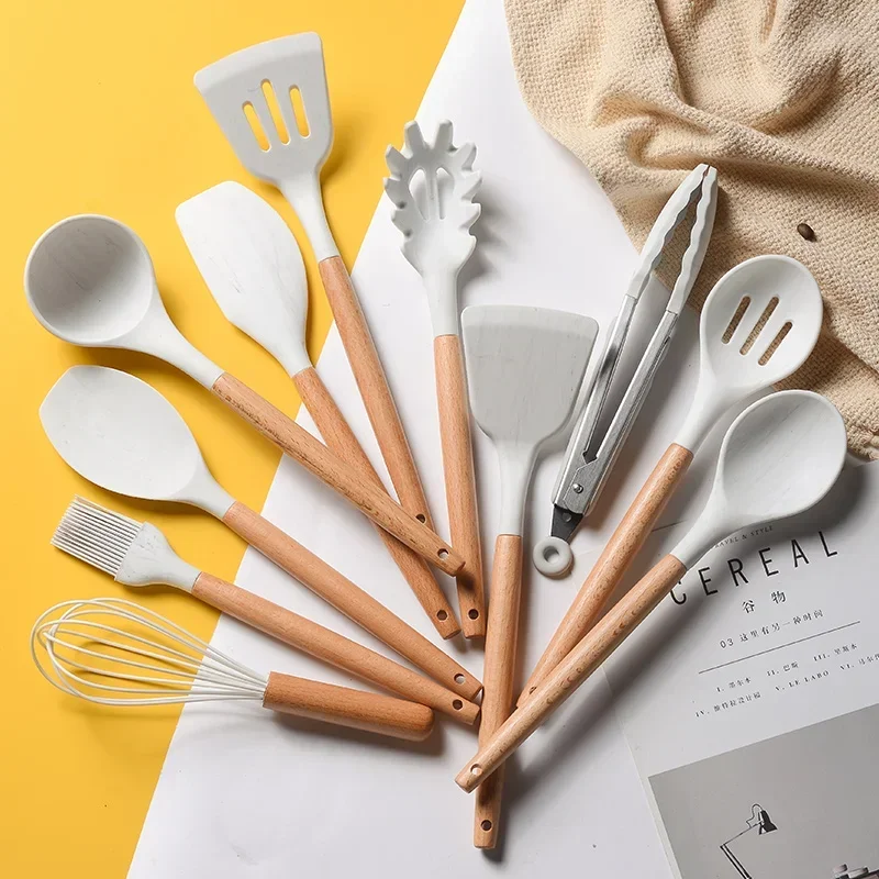 11Pcs Marbling Silicone Cooking Tool Set Silicone Baking Utensils Set Wooden Handle Spatula Ladle Egg Beaters Shovel Kitchenware