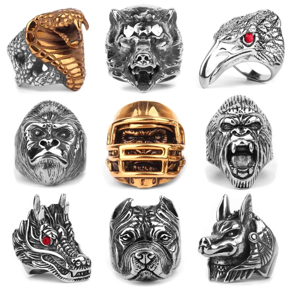 Stainless Steel Animal Men Rings Eagle Dog Dragon Bird Snake