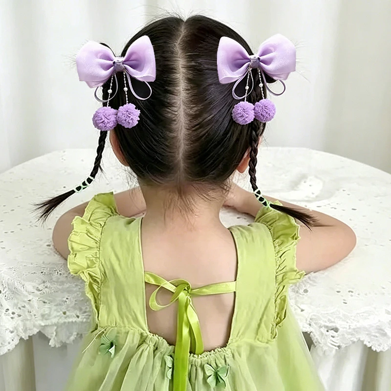2개 세트 달콤한 리본 머리핀, 플러시 볼 진주 체인 헤어핀 펜던트 바레트, 공주 소녀 헤어 액세서리