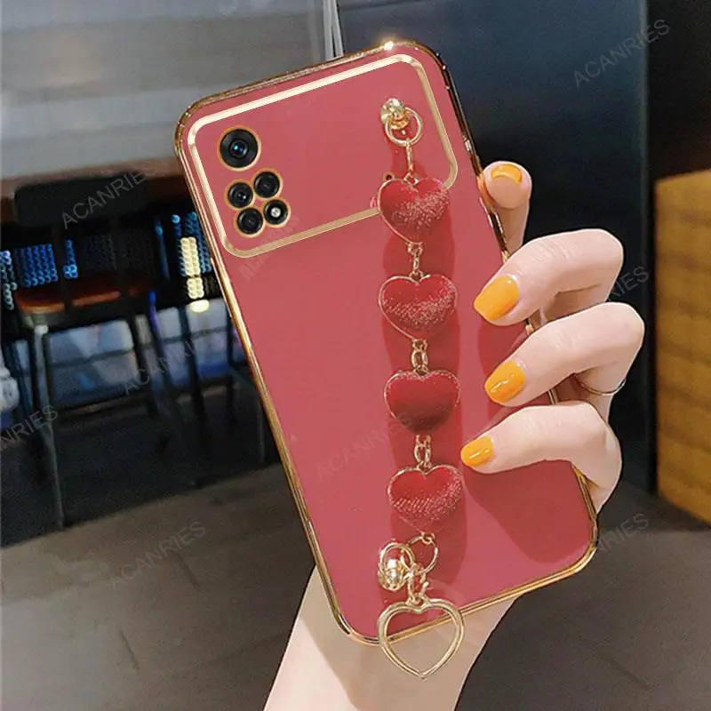 Luxury Plating Love Heart Wrist Chain Silicone Case - Pocox4 Series