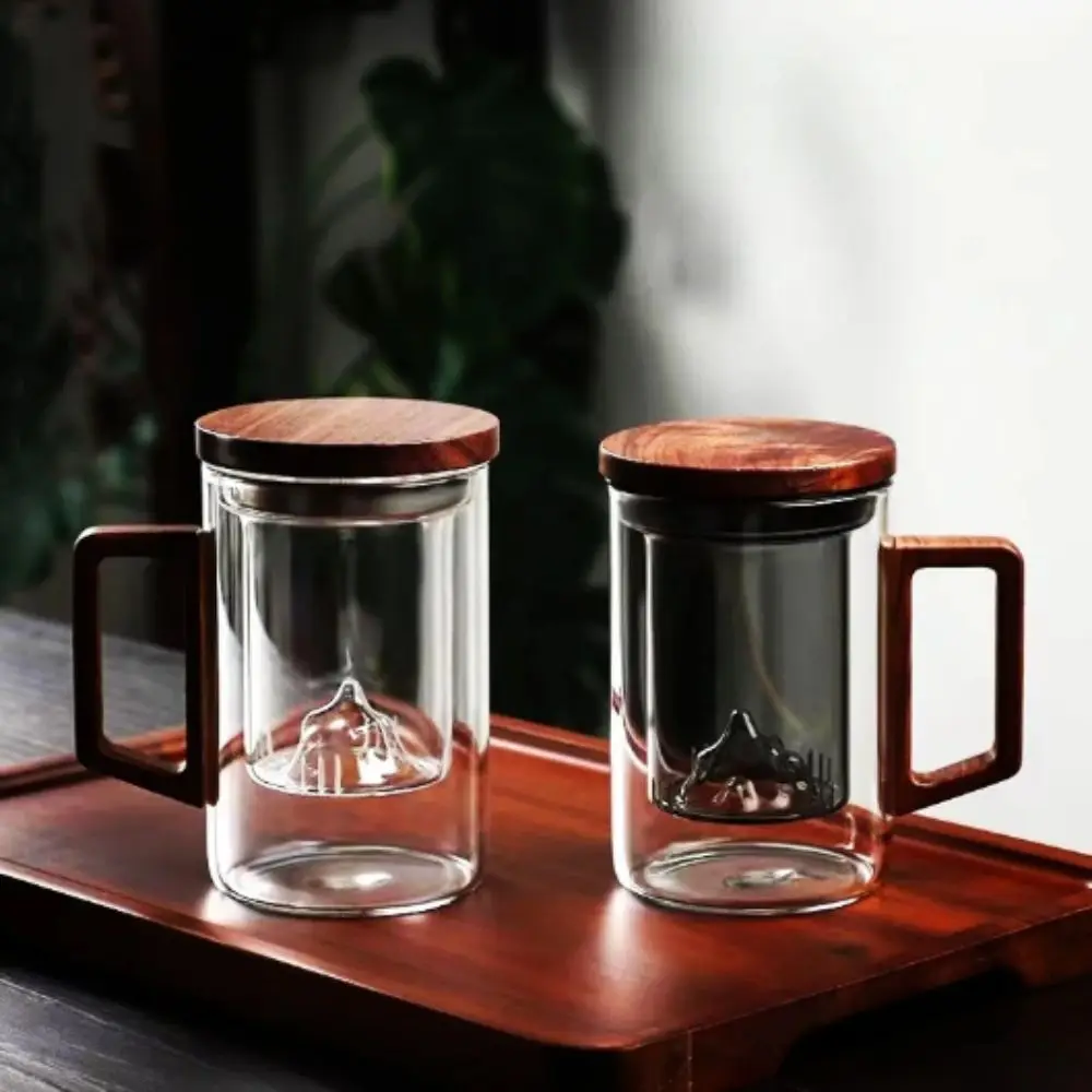 500ml Capacity Tea Separation Cup High Borosilicate Glass Wooden Lid Water Cup Heat Resistant Originality Design Glass Tea Cup