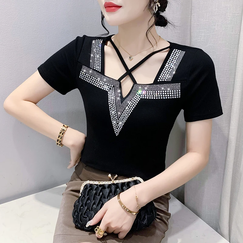 

2023 New Summer European Clothes T-Shirt Chic Sexy V-Neck Hollow Out Diamonds Women's Tops Short Sleeve Drilling Hot Tees 34154
