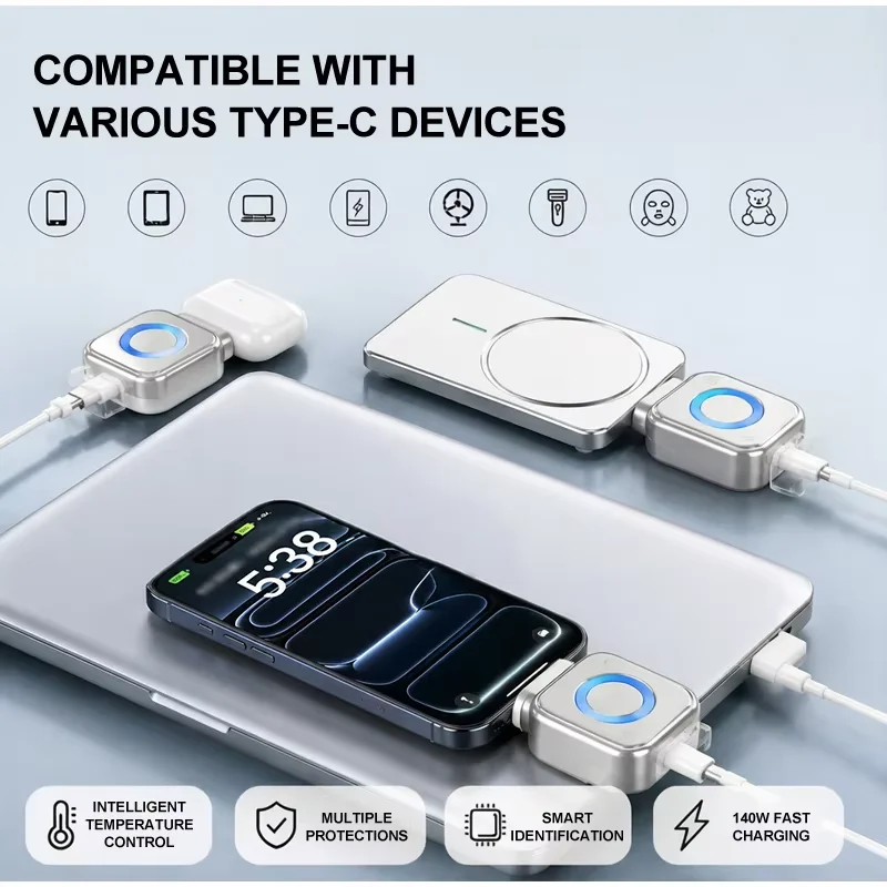KEBIDUMEI 140W Type-C 충전 어댑터 범용 분리기 안전한 밤새 충전을 위한 과충전 방지 스마트 자동 충전 중단 기능