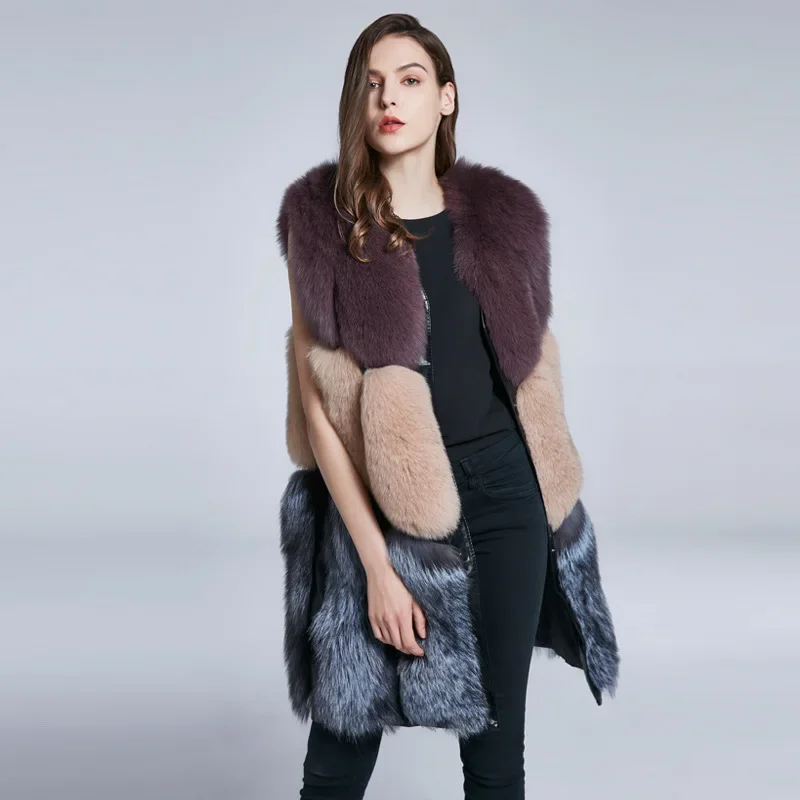 Fox Fur Long Fur Vest Coat Fashion Contrast Color Fur Coat Autumn and Winter New Trend