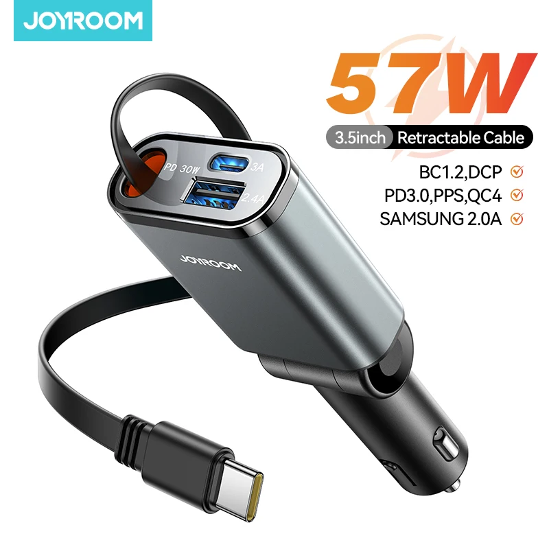 Chargeur De Voiture Rétractable 4 Ports 72W - PD 30W, QC 3.0, 2 Câbles Inclus (65 Cm) - Pour Allume-cigare, IPhone, Android