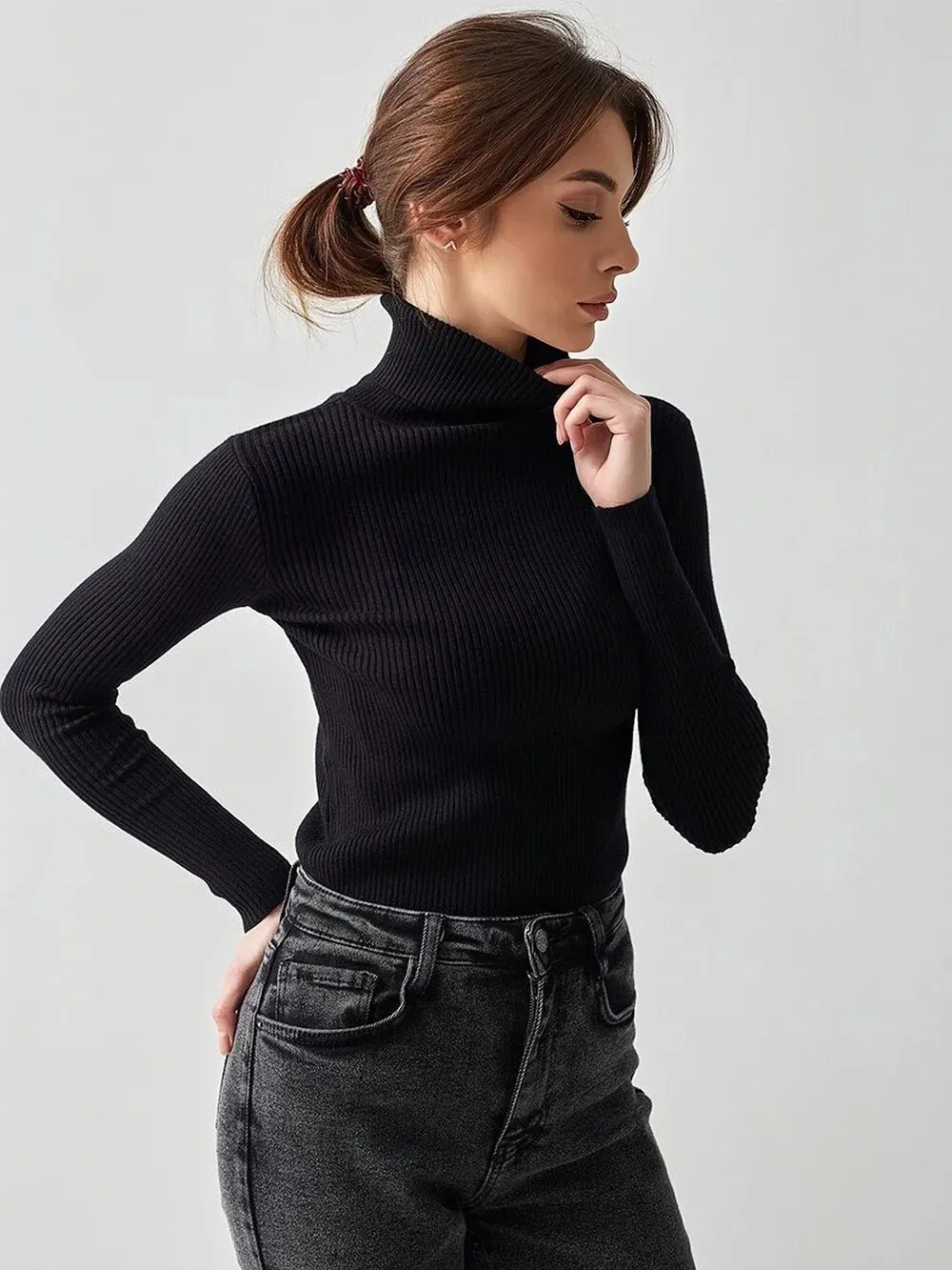 Sd35e1e20c81d44389cf9a16df9f12363C Basic Mock Neck Ribbed Sweaters for Women Cute Sexy Knitted Autumn Winter Warm Fitted Fashion Pullover Sweater Mallzona