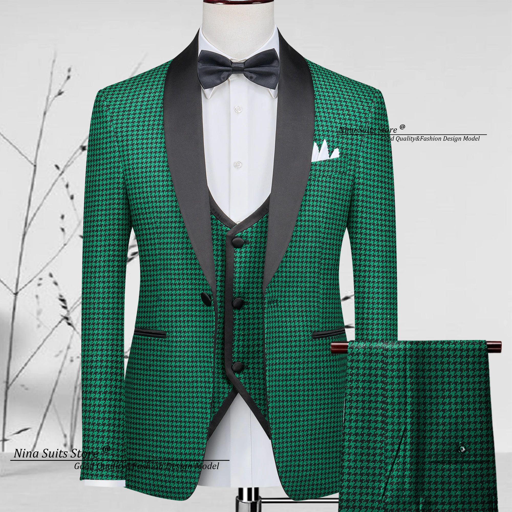Men 3-piece Suits Houndstooth Party Costume Coat Vest Pants