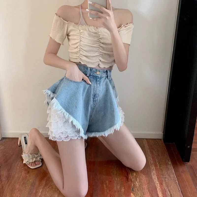 Women's Beach Summer Resort Bohemia Short Jeans Female Decals High Waist Lace Hot Shorts Hole Washed Denim Shorts Female Fashion