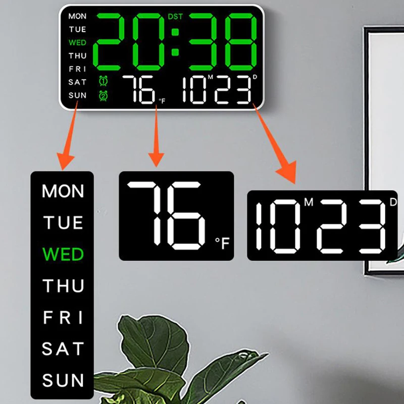 Large Digital Wall Clock Week Date Temperature Display Voice Control Table LED Alarm Clocks Brightness Adjustable 12/24H Clock - 2