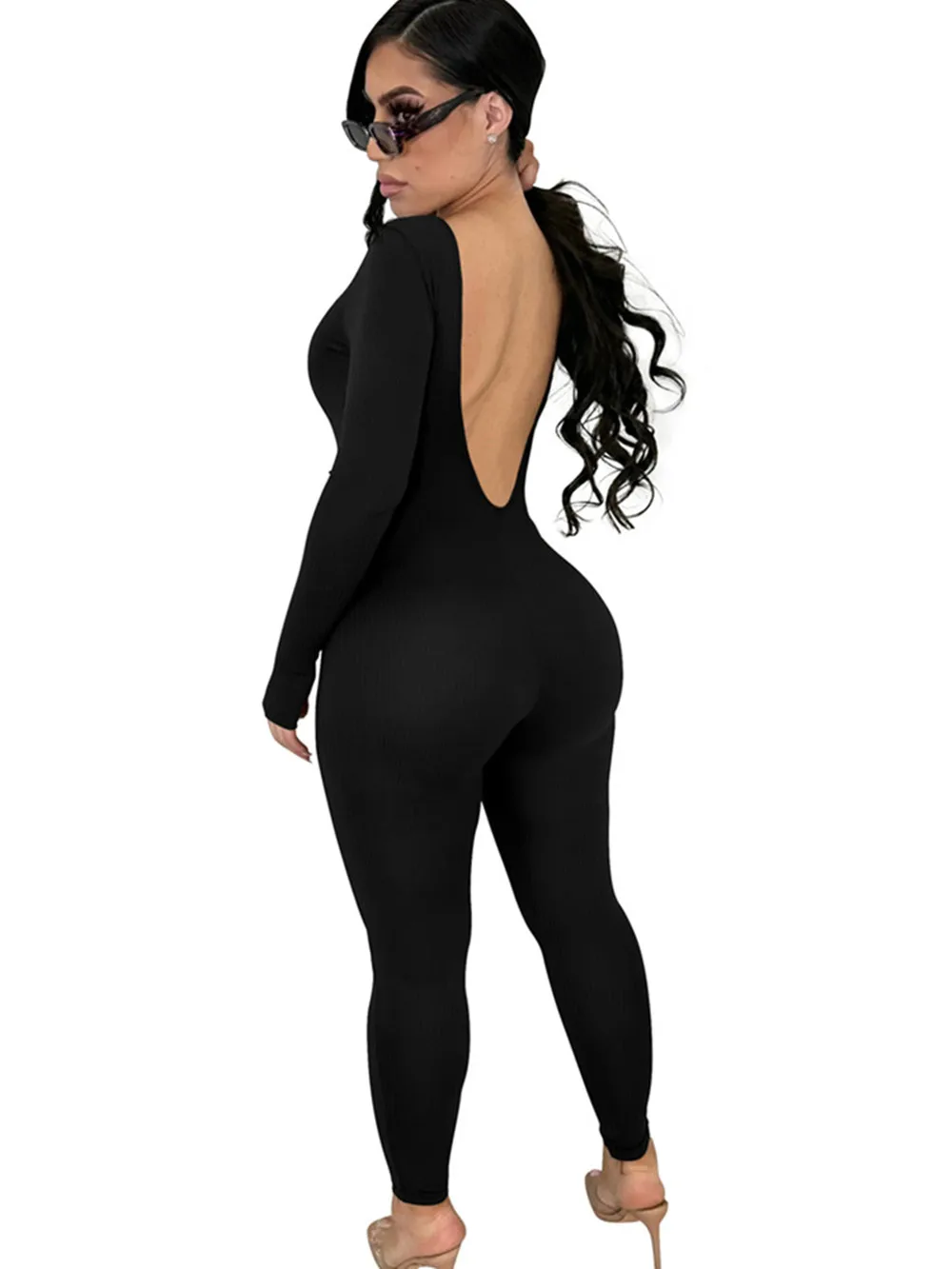 

WJFZQM Women Tracksuit One Piece Casual Outfits 2023 Blackless Long Sleeve Bodycon Jumpsuit Female Spring Black Ribbed Jumpsuit