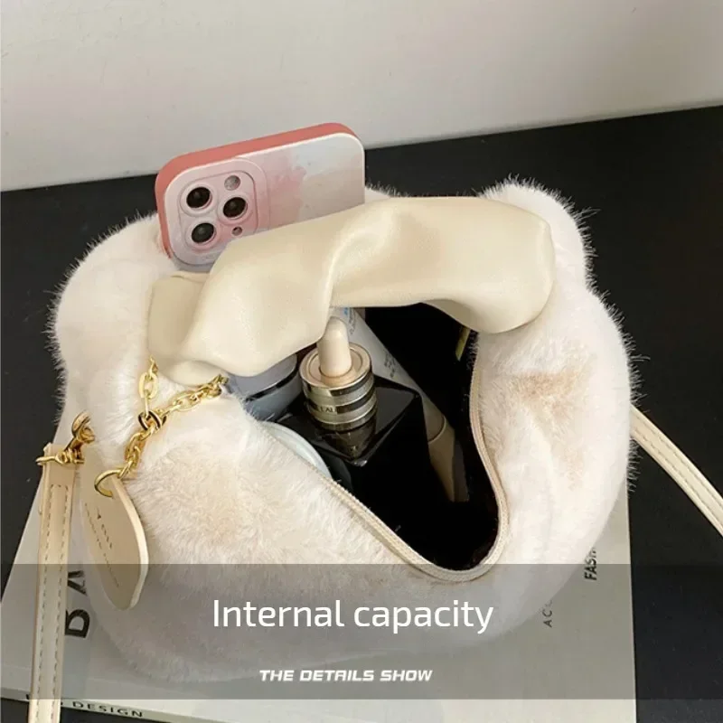 Women Faux Fur Plush Handbags Ruched Handle Small Lady Shoulder Crossbody Bag Casual Tote Half-Moon Hobos Winter Bags for Women - Image 5