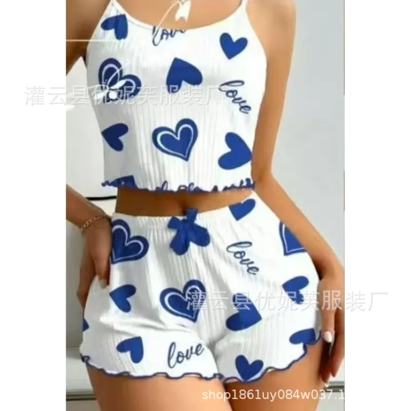 New Home Clothes Heart Pattern Strap Vest Women's Sleepwear Two-Piece Set Can Be Worn outside Shorts Set Summer Season