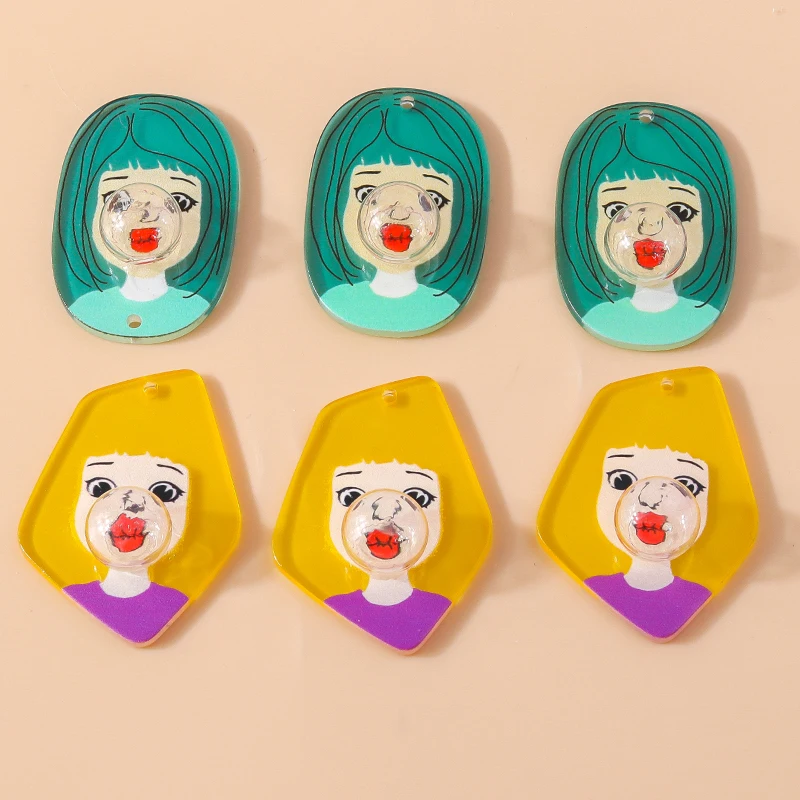 5pcs Cute Chewing Gum Blowing Bubble Girl Charms Creative Funny Pendant for Earring Necklace Keychains Diy Jewelry Accessories