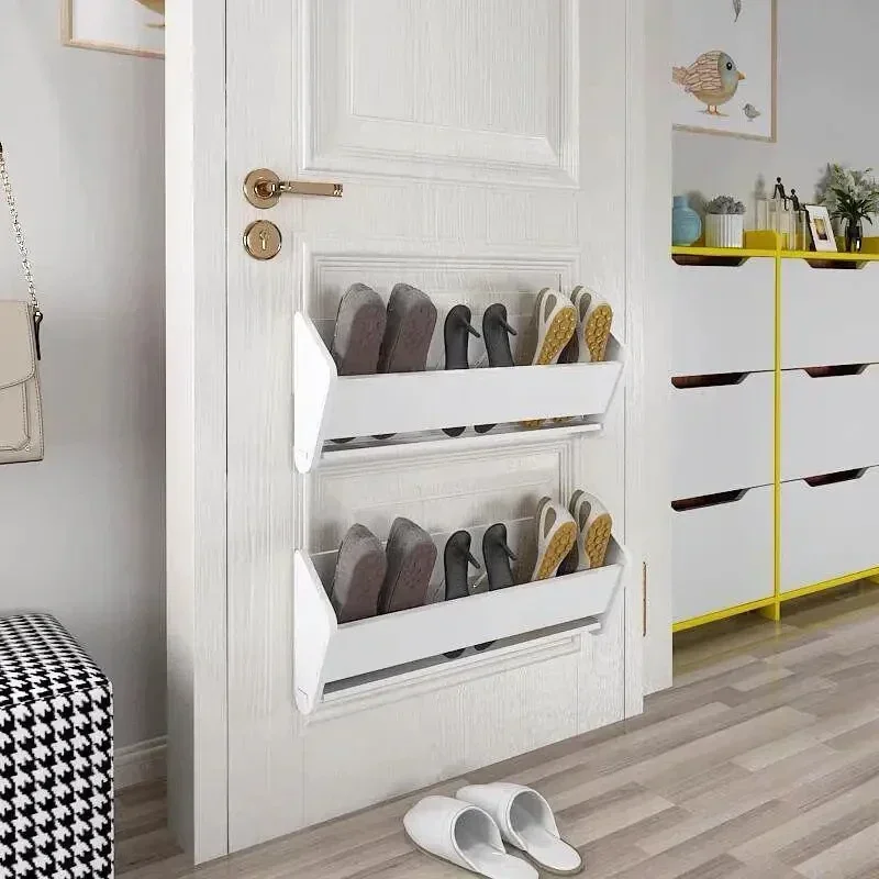Ultrathin Shoe Rack Behind the Door Simple Narrow Shoe Cabinet Home Space-Saving Shelf Sticker Wall Hanging Free Punch