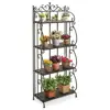 Black Metal Decorative Bakers Rack with 4 Tiered Shelves and Scrollwork Frame Indoor Plant Stand and Bookshelf Organizer 4