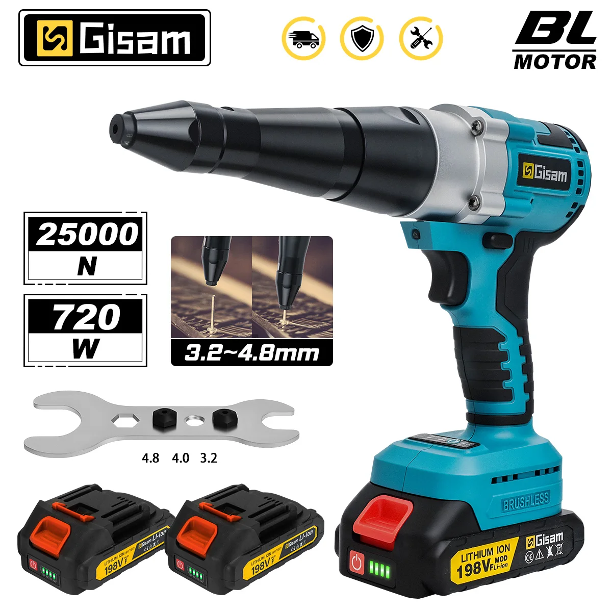 Gisam Brushless Electric Rivet Gun 3.2-4.8mm Rivet Nut Gun Drill Insert Automatic Riveting Tool For Makita 18V Battery Pin