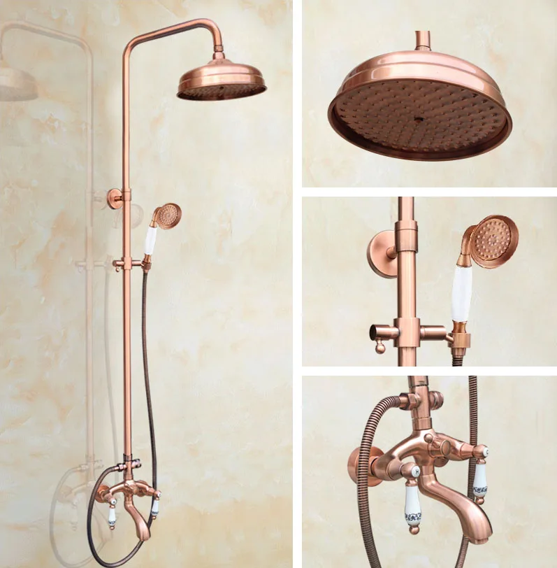 

8 inch Rainfall/Handheld Shower Faucet Set Antique Copper Dual Cross Handle Bathroom Bath Tub Hot And Cold Water Taps Kit Drg534