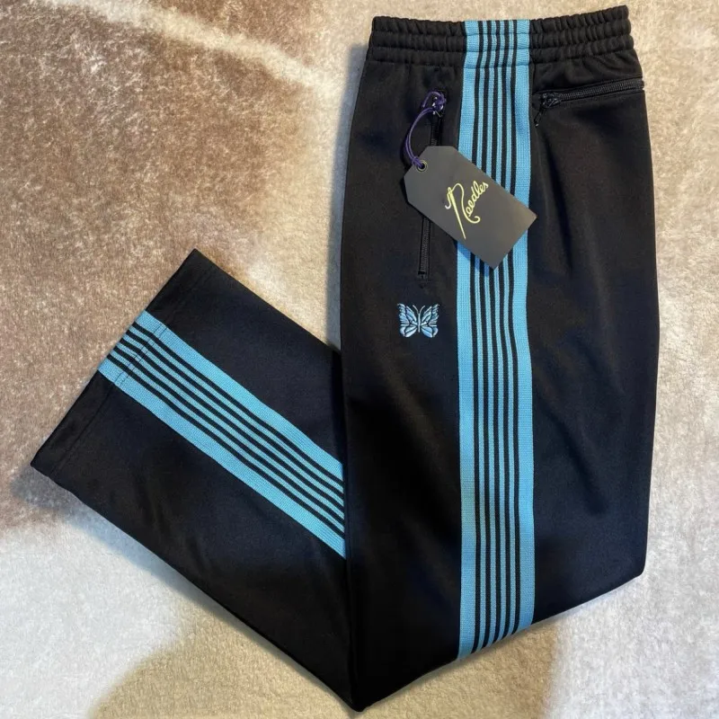 

New Needles AWGE Pants High Quality Butterfly Embroidery Blue Stripes Black AWGE Sweatpants Track Trousers Men Women