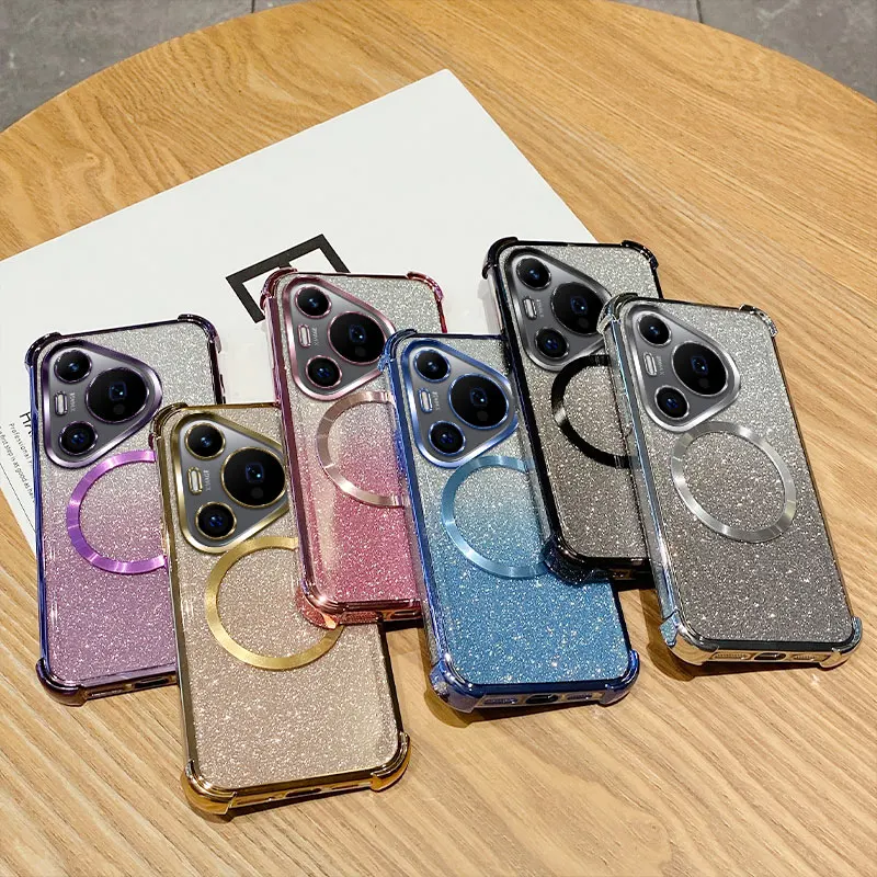 Coque de téléphone à anneau magnétique transparente antichoc pour Huawei Pura 70 Ultra P70 P60 P50 P40 P30 Pro Mate 60 50 40 Pro Plus Glitter Cover_voghion.com