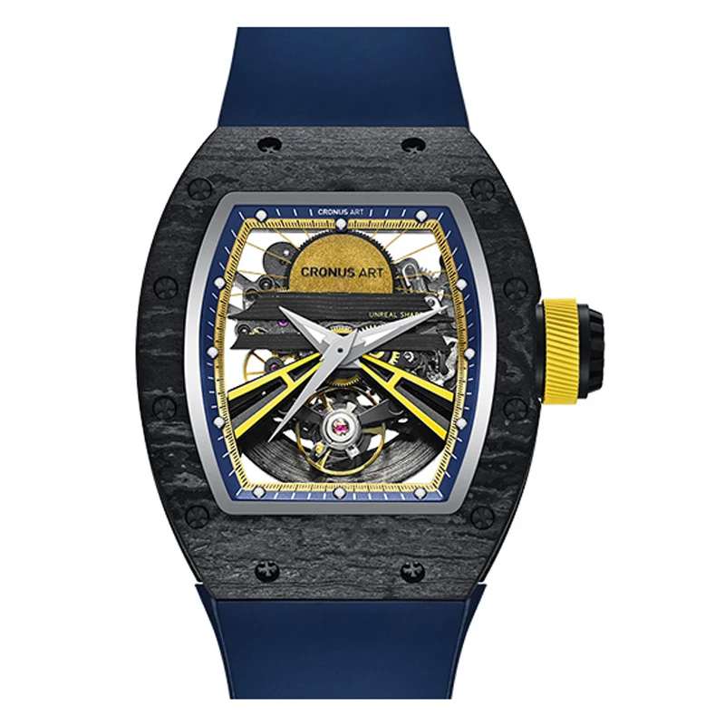 

CRONUSART Men Automatic Watch 50mm*42mm Luxury Tonneau Mechanical Wristwatch Carbon Fibre Case Skeleton Dial Fluororubber Strap