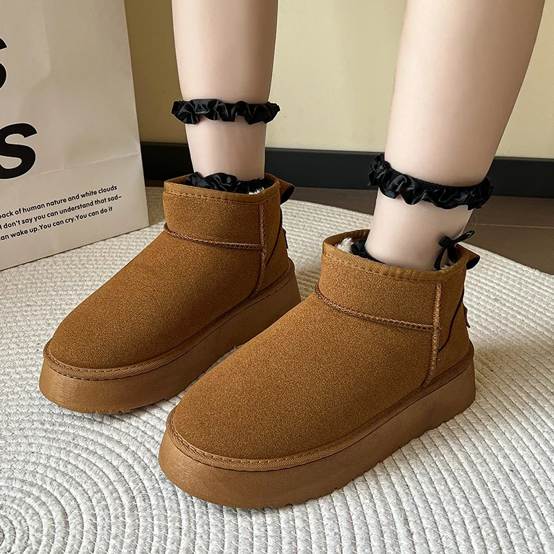 

Women Cow Suede Leather Snow boots Plush lined Warm Mini Anti-slip outdoor Female Ankle Boots