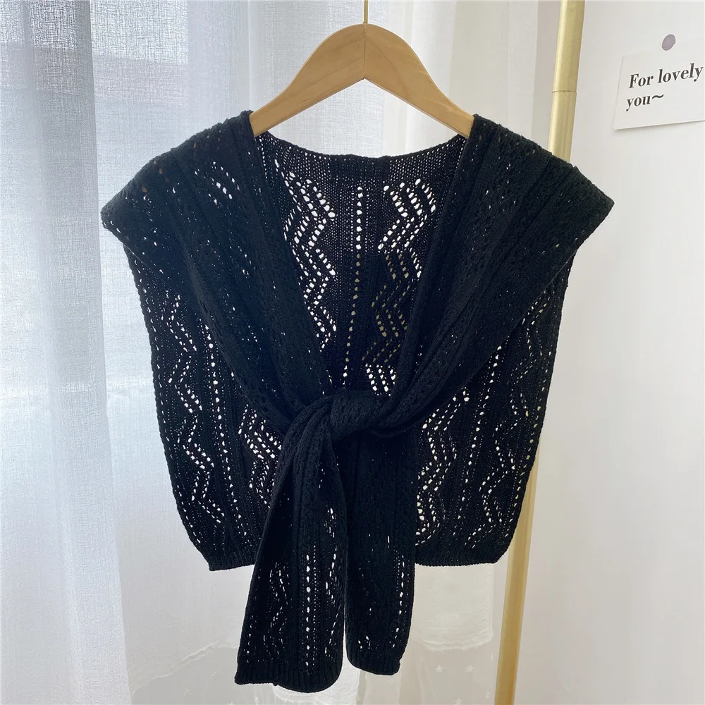 

Solid Color Knitted Crochet Hollow Fake Collar for Women Small Shawl with Sleeve Sunscreen Neck Wear Detachable Shirt Collar
