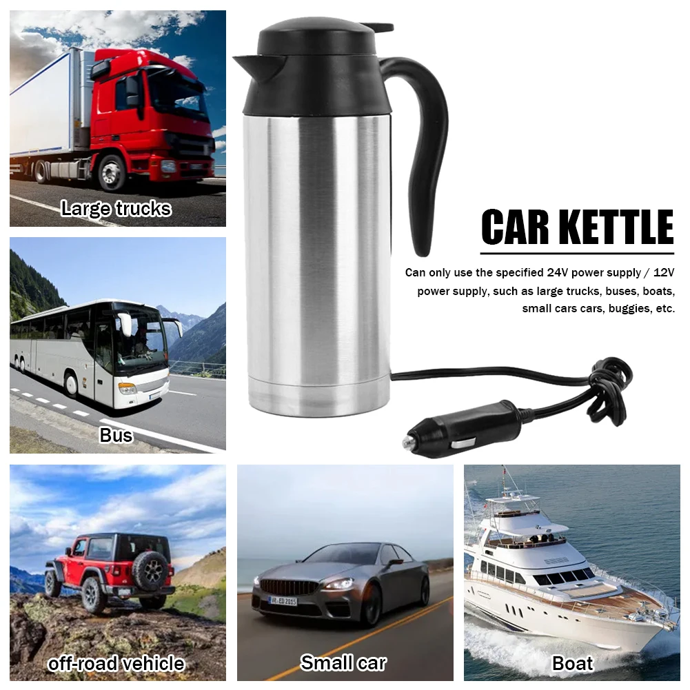 12V/24V Electric Heating Cup Kettle Stainless Steel Water Heater Bottle for Tea Coffee Drinking Travel Car Truck Kettle 750ML