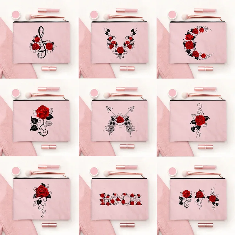 

Red Rose Canvas Cosmetic Makeup Bag Travel Neceser Toiletry Organizer Pouch Female Canvas Zipper Bags Best Gift Pencil Case