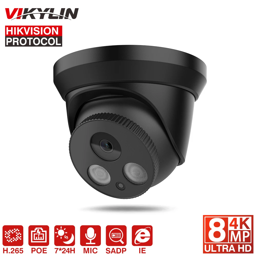 VIKYLIN 8MP IP Camera Black 4K PoE Turret Video Surveillance IPC 30M IR