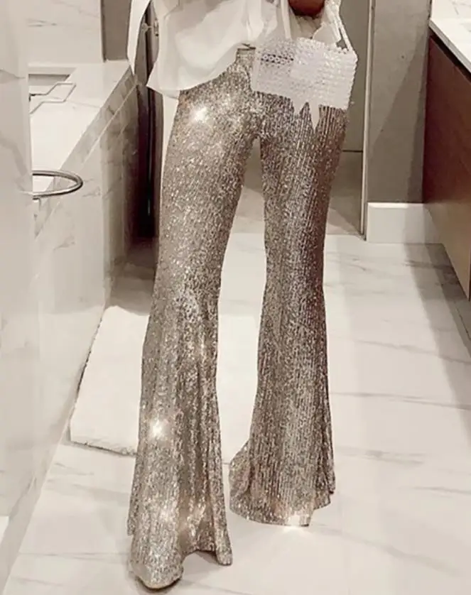 Sequins High Waist Bell Bottomed Pants 2024 New Fashion Female Bottom Woman Party Clothes