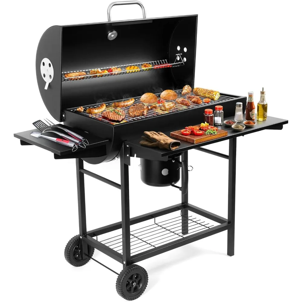 Luxurious Outdoor Barrel BBQ Grill with Side Table - High-End Smoker Combo for Backyard Grilling Sd35f65baea864bda85b117669a16dd83j