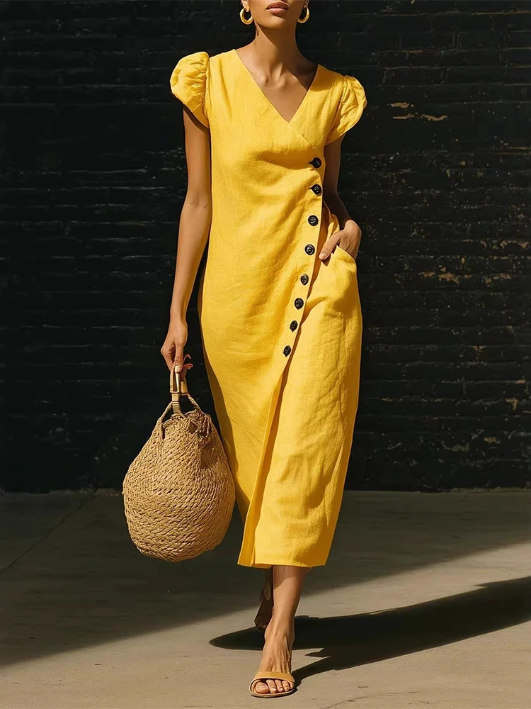 Fashion High Waist Pocket Button Dresses Temperament V-neck Puff Sleeve Irregular Dress Elegant Solid Color Lady Slim Maxi Dress