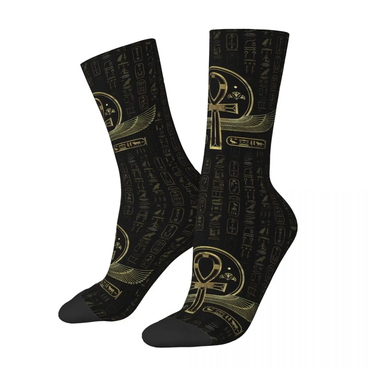 

Funny Happy Sock for Men Egyptian Cross Ankh Gold And Black Hip Hop Breathable Pattern Printed Crew Sock Seamless Gift