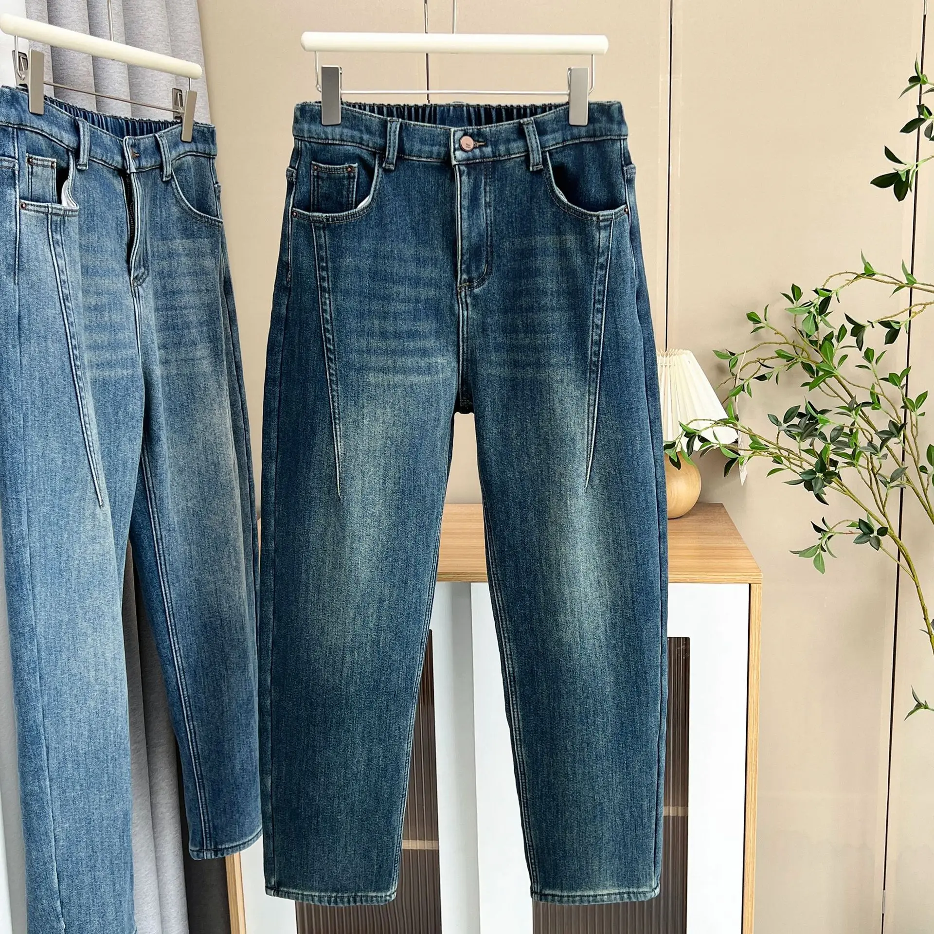 XXXXXL Fashion Plus Size Women's Jeans Winter New Style Simple Warm Fleece And Thickened Denim Ankle-Length Harem Pants 8951