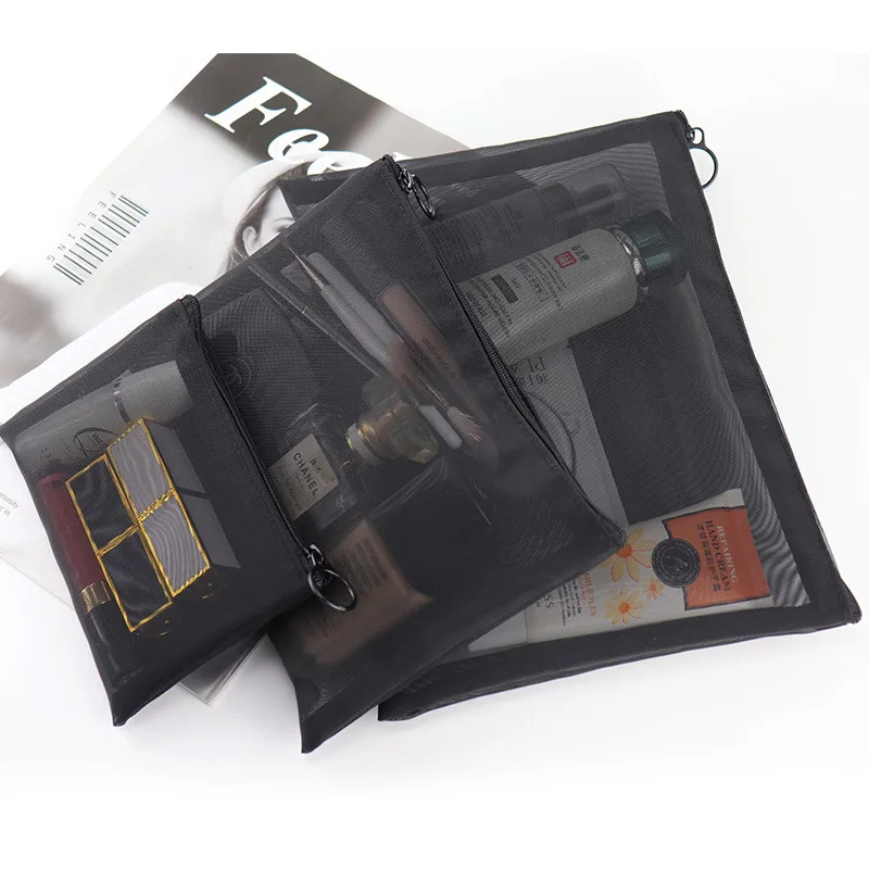 Reise-Kosmetiktasche Aus Netz – 7x14x20cm, Atmungsaktiv, Mit Reißverschluss, Schwarz, Für Make-up & Zubehör