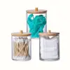 Bamboo-Lid Cotton Swab Holder - Versatile Plastic Storage Box for Makeup, Dental Floss & More 1