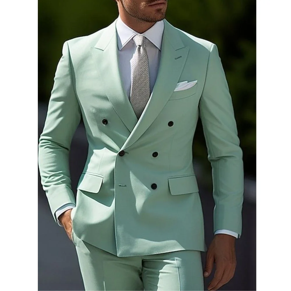 Mint Green Sky Blue Men's Wedding Suits Solid Colored 2 Pieces Daily Business Plus Size Double Breasted Six-buttons Male Suits