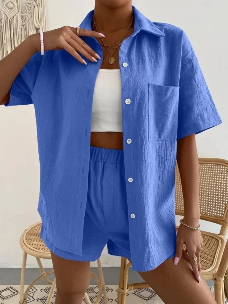 Long Sleeve Single-breasted Top + Broad-legged Shorts Set Fashion Ladies Sexy Solid Suits 2023 Summer 2 Piece Outfits for Women