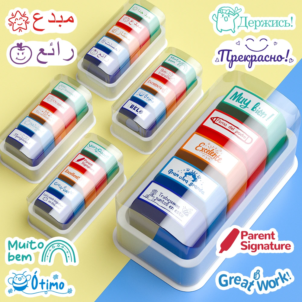 Color Teacher's Review Seal English Arabic Portuguese Dutch Spanish Russian Can Be Selected to Encourage the Child 5-Piece