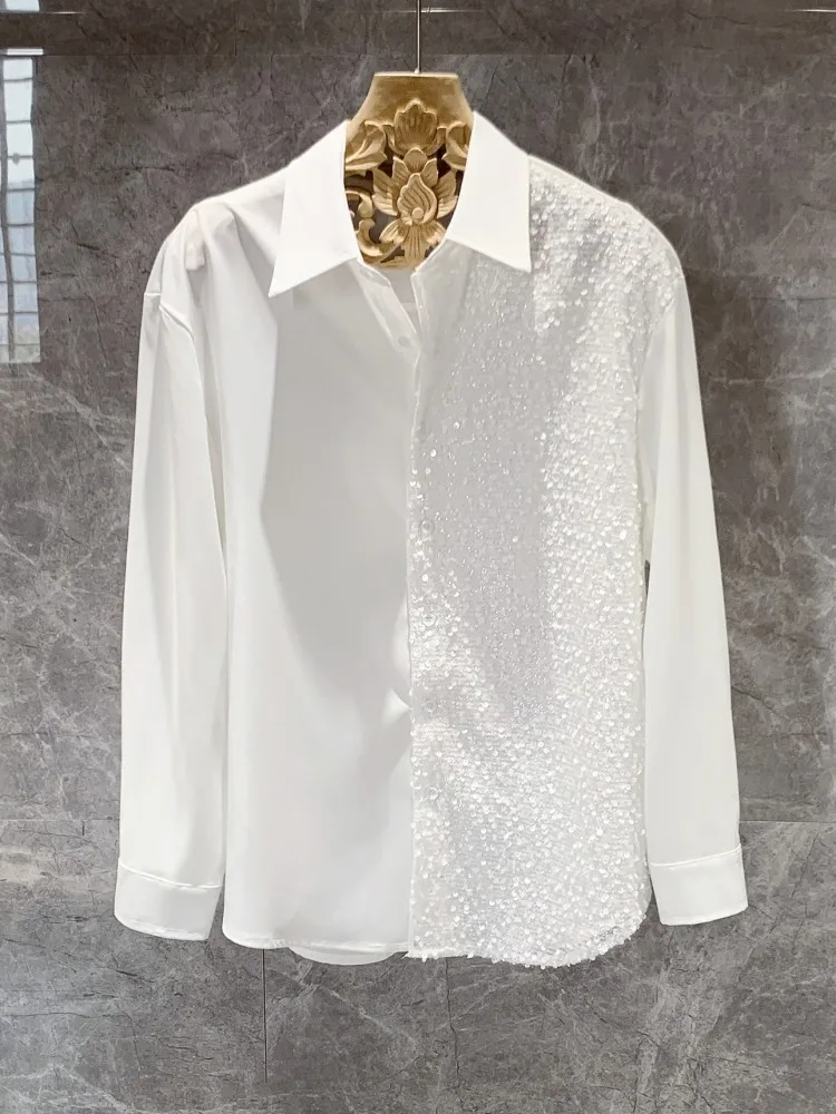 Camicia da notte da uomo con paillettes rosse da discoteca camicia da smoking camicie da uomo con glitter lucido camicia slim fit camicia da sposa rossa S