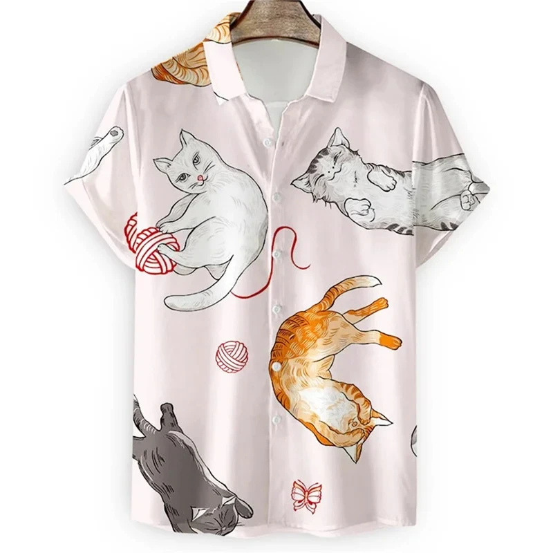 Cute 3d Cartoon Cat Print Shirt For Men Cool Summer Short Sleeve Button Loose Hawaiian Shirt Holiday Beach Kids Clothing